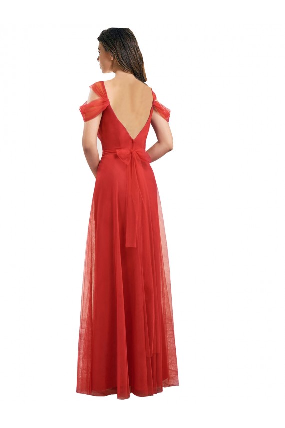 Cold Shoulder Sweetheart Tulle Red Long Formal Dress / Bridesmaid Dress Adelaide