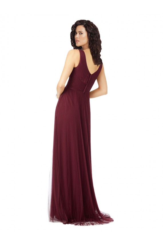Sleeveless V-Neck Tulle Burgundy Gold Long Bridesmaid Dress Adelaide