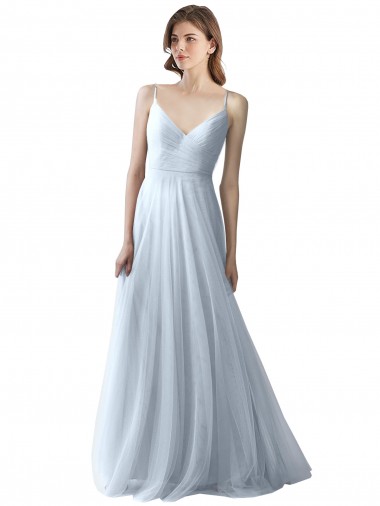 Sleeveless V-Neck Soft Tulle Light Sky Blue Long Bridesmaid Dress Adelaide