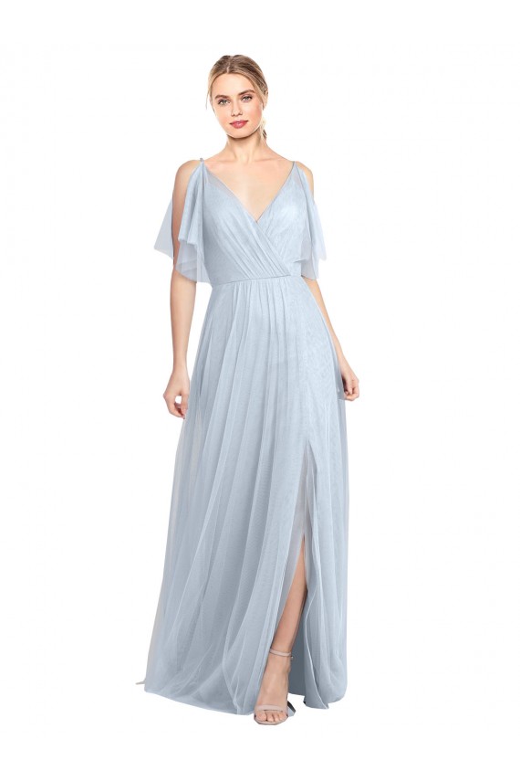 Flutter Sleeves V-Neck Tulle Light Sky Blue Long Bridesmaid Dress / Evening Dress Adelaide