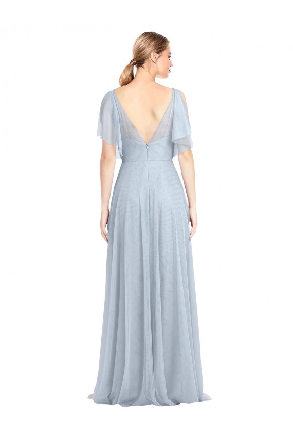 Flutter Sleeves V-Neck Tulle Light Sky Blue Long Bridesmaid Dress / Evening Dress Adelaide