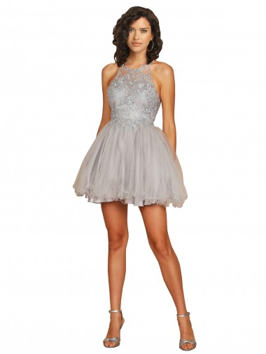 Sleeveless Halter Neck Tulle Silver Short Bridesmaid Dress Adelaide