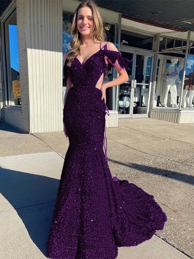 Sleeveless V-Neck Velvet Sequin Plum Purple Court Train Prom Dress / Evening Dress Adelaide