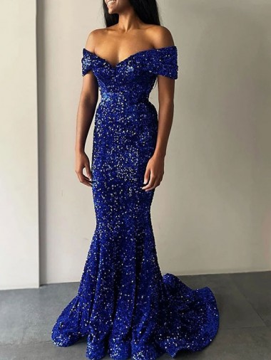 Sleeveless Off the Shoulder Velvet Sequin Royal Blue Sweep Train Prom Dresses Adelaide