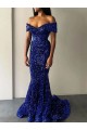 Sleeveless Off the Shoulder Velvet Sequin Royal Blue Sweep Train Prom Dresses Adelaide