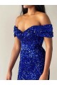 Sleeveless Off the Shoulder Velvet Sequin Royal Blue Sweep Train Prom Dresses Adelaide