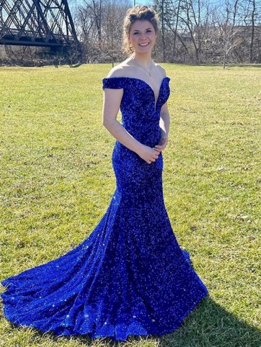 Sleeveless Off the Shoulder Velvet Sequin Royal Blue Sweep Train Prom Dress Adelaide