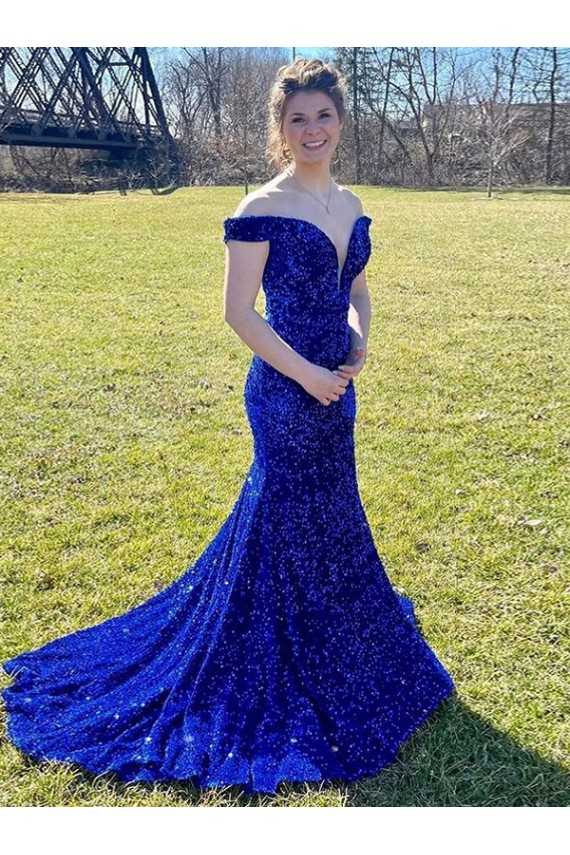 Sleeveless Off the Shoulder Velvet Sequin Royal Blue Sweep Train Prom Dress Adelaide