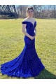 Sleeveless Off the Shoulder Velvet Sequin Royal Blue Sweep Train Prom Dress Adelaide