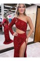 Long Sleeves One Shoulder Velvet Sequin Burgundy Sweep Train Evening Dress Adelaide