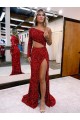 Long Sleeves One Shoulder Velvet Sequin Burgundy Sweep Train Evening Dress Adelaide