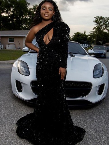 Long Sleeves One Shoulder Velvet Sequin Black Sweep Train Prom Dress Adelaide