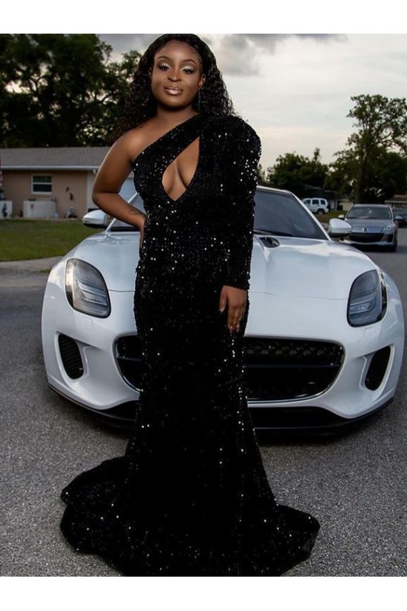 Long Sleeves One Shoulder Velvet Sequin Black Sweep Train Prom Dress Adelaide