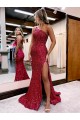 Sleeveless One Shoulder Velvet Sequin Burgundy Sweep Train Evening Dress Adelaide