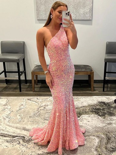 Sleeveless One Shoulder Velvet Sequin Pink Sweep Train Prom Dress Adelaide