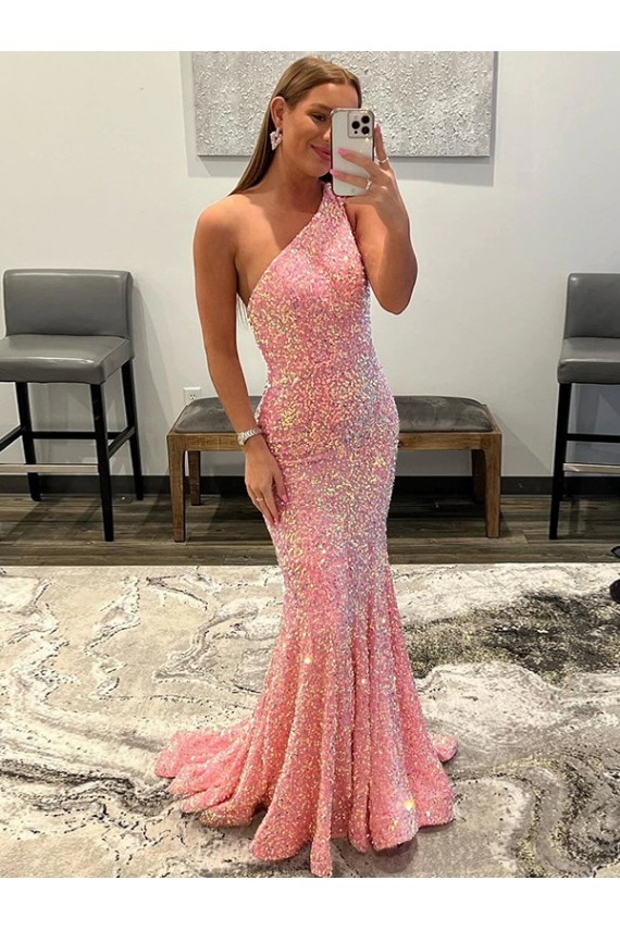 Sleeveless One Shoulder Velvet Sequin Pink Sweep Train Prom Dress Adelaide
