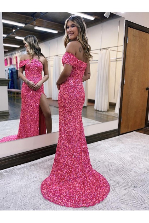 Sleeveless One Shoulder Velvet Sequin Fuchsia Sweep Train Evening Gown Adelaide