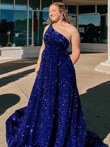 Sleeveless One Shoulder Velvet Sequin Royal Blue Sweep Train Prom Dress / Evening Gown Adelaide