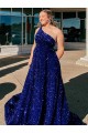 Sleeveless One Shoulder Velvet Sequin Royal Blue Sweep Train Prom Dress / Evening Gown Adelaide