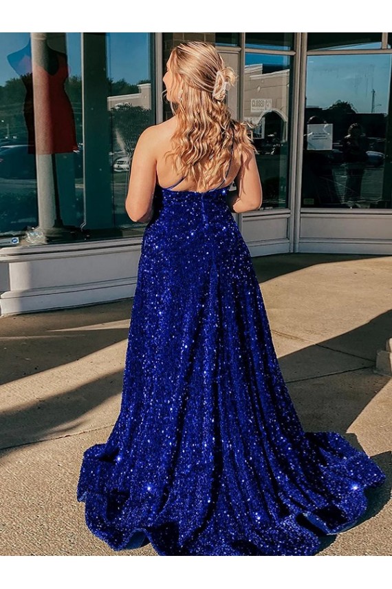 Sleeveless One Shoulder Velvet Sequin Royal Blue Sweep Train Prom Dress / Evening Gown Adelaide