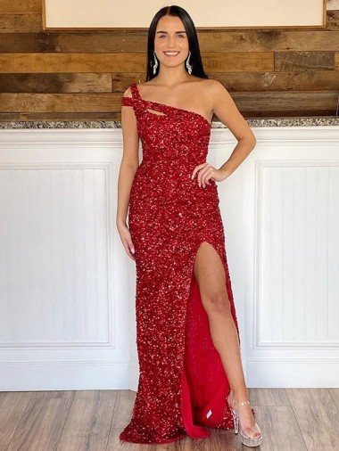 Sleeveless One Shoulder Velvet Sequin Burgundy Sweep Train Prom Dress Adelaide