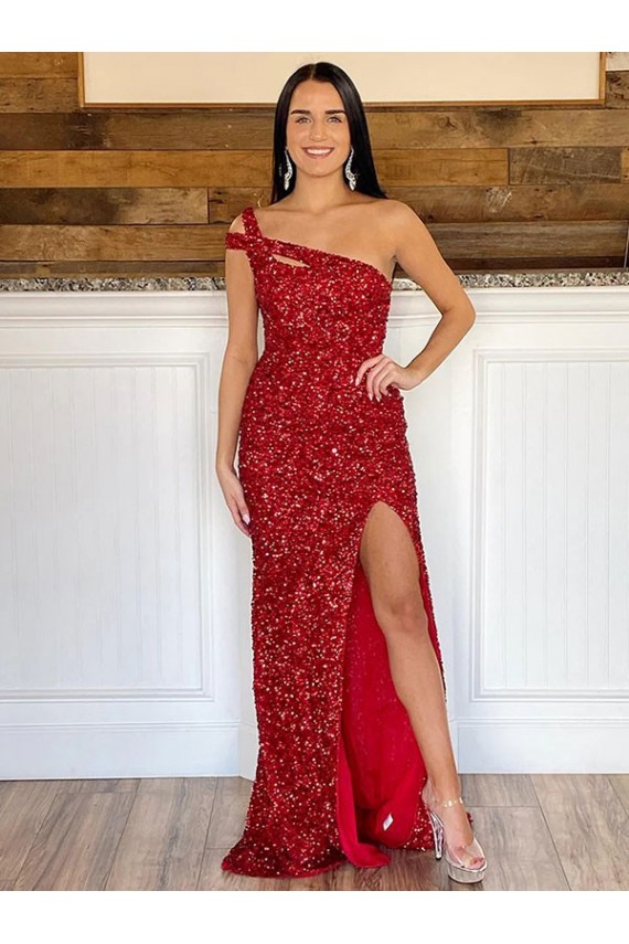Sleeveless One Shoulder Velvet Sequin Burgundy Sweep Train Prom Dress Adelaide