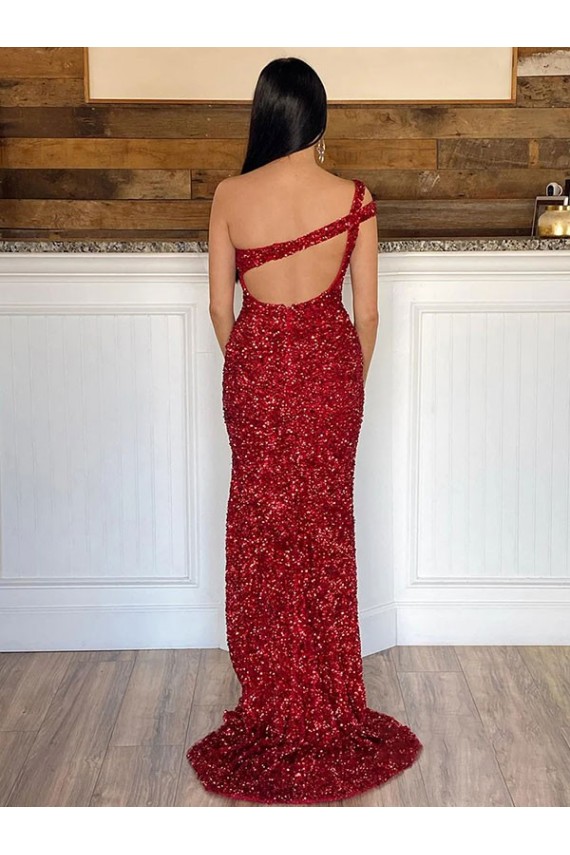 Sleeveless One Shoulder Velvet Sequin Burgundy Sweep Train Prom Dress Adelaide
