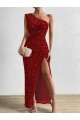 Sleeveless One Shoulder Velvet Sequin Red Long Prom Dress / Evening Dress Adelaide