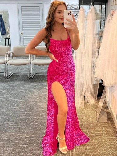 Sleeveless Spaghetti Straps Velvet Sequin Fuchsia Sweep Train Prom Dress / Evening Gown Adelaide