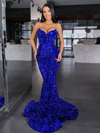 Sleeveless Spaghetti Straps Velvet Sequin Royal Blue Mermaid Sweep Train Evening Gown / Prom Dress Adelaide