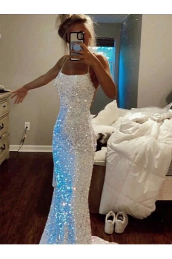 Sleeveless Spaghetti Straps Velvet Sequin Shown Color Sweep Train Evening Dress Adelaide