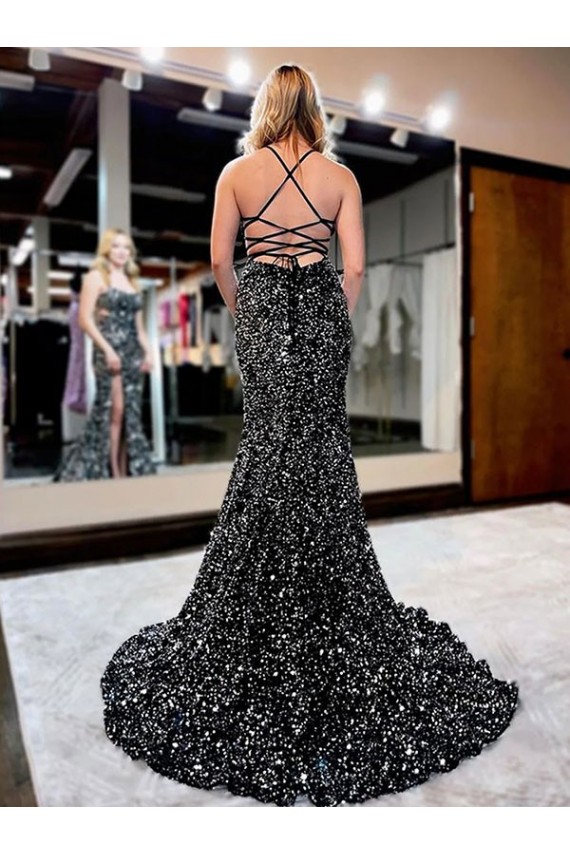 Sleeveless Spaghetti Straps Velvet Sequin Shown Color Sweep Train Prom Dress Adelaide