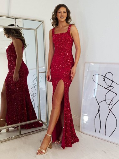Sleeveless Square Neck Velvet Sequin Burgundy Long Prom Dress Adelaide