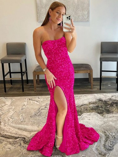 Sleeveless Strapless Velvet Sequin Fuchsia Sweep Train Prom Dress Adelaide