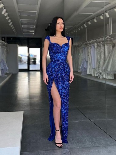 Sleeveless Spaghetti Straps Velvet Sequin Royal Blue Sweep Train Evening Gown / Prom Dress Adelaide