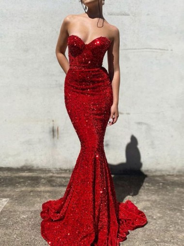 Sleeveless Sweetheart Velvet Sequin Burgundy Court Train Prom Dress / Evening Gown Adelaide