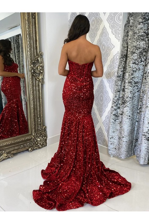 Sleeveless Sweetheart Velvet Sequin Burgundy Court Train Evening Dress Adelaide