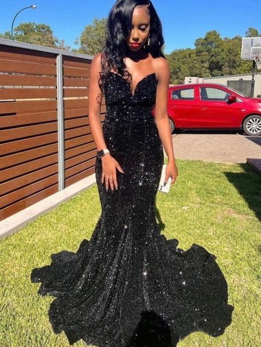 Sleeveless Sweetheart Velvet Sequin Black Long Prom Dress Adelaide