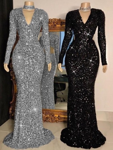 Long Sleeves V-Neck Velvet Sequin Black Sweep Train Prom Dress Adelaide