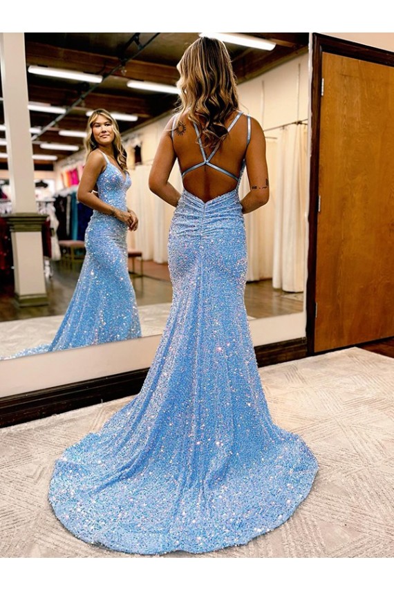 Sleeveless V-Neck Velvet Sequin Periwinkle Sweep Train Evening Gown Adelaide