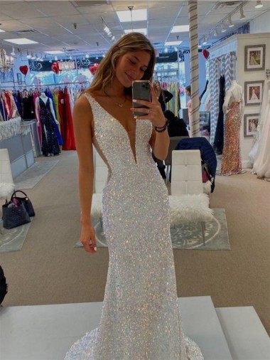 Sleeveless V-Neck Velvet Sequin Shown Color Sweep Train Prom Dresses Adelaide