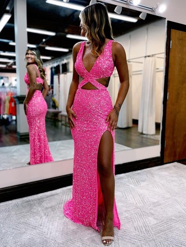 Sleeveless V-Neck Velvet Sequin Shown Color Long Sweep Train Evening Dress Adelaide