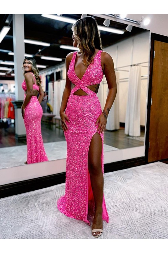 Sleeveless V-Neck Velvet Sequin Shown Color Long Sweep Train Evening Dress Adelaide
