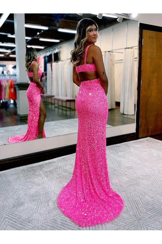 Sleeveless V-Neck Velvet Sequin Shown Color Long Sweep Train Evening Dress Adelaide