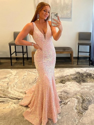 Sleeveless V-Neck Velvet Sequin Shown Color Sweep Train Evening Dress Adelaide