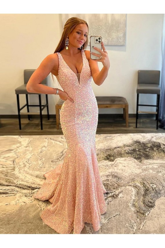 Sleeveless V-Neck Velvet Sequin Shown Color Sweep Train Evening Dress Adelaide