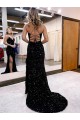Sleeveless V-Neck Velvet Sequin Royal Blue Sweep Train Evening Dress Adelaide