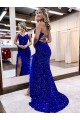 Sleeveless V-Neck Velvet Sequin Royal Blue Sweep Train Evening Dress Adelaide