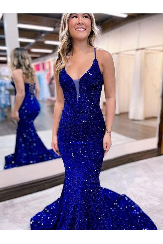 Sleeveless V-Neck Velvet Sequin Royal Blue Court Train Prom Dress Adelaide