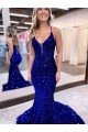 Sleeveless V-Neck Velvet Sequin Royal Blue Court Train Prom Dress Adelaide